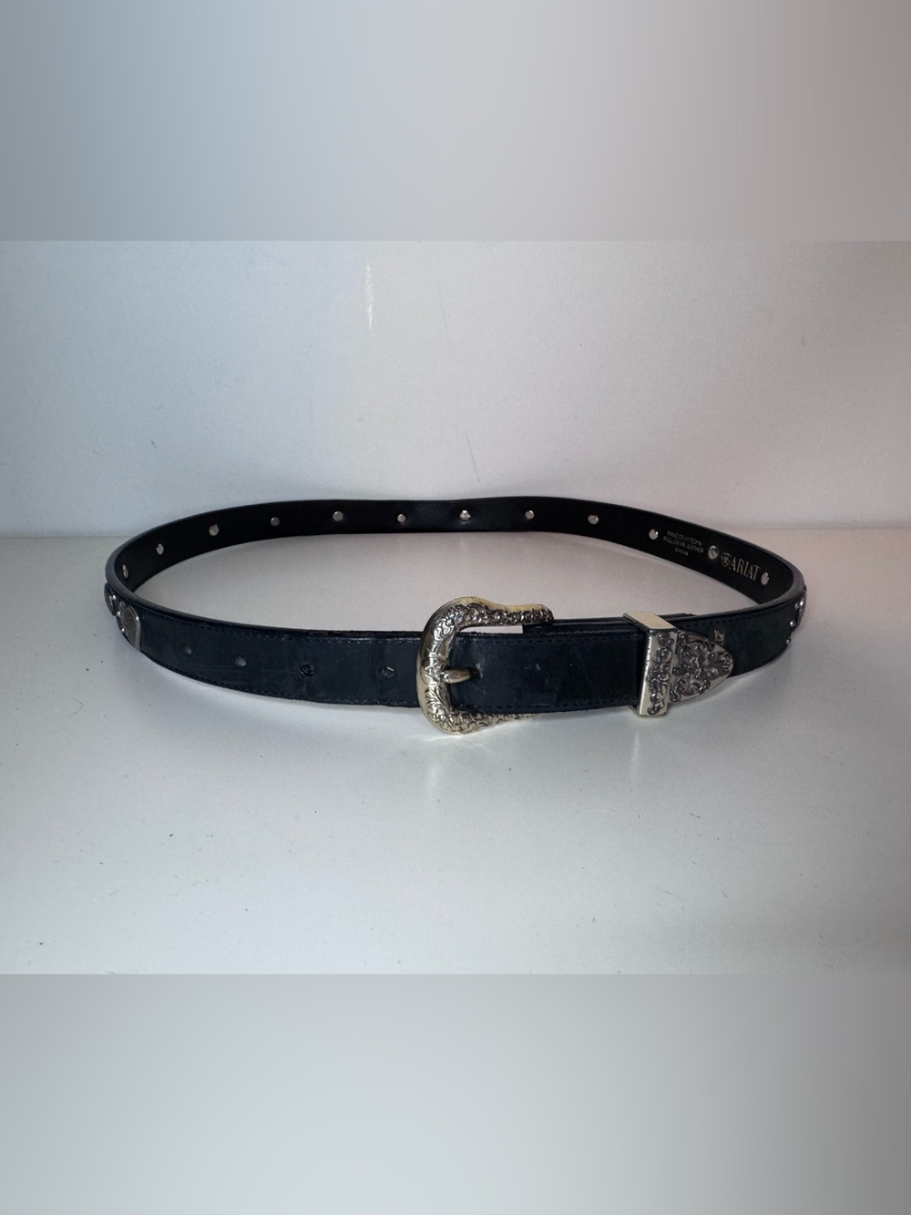 Ariat Black Leather Belt with Decorative Silver Buckle
